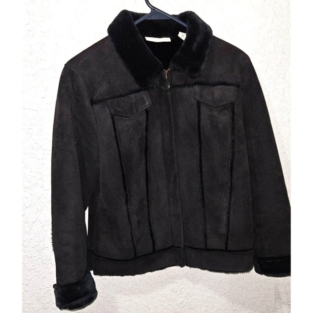 Lords & Taylor Petite Womens Black Faux Fur Collar Jacket‎ PM